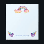 Kinder regenboogWaterverf | Naam toevoegen Notitieblok<br><div class="desc">Dit is een waterverf illustratie van een regenboog die uit de wolken en het hart komt. Je kunt jouw naam laten afdrukken op de onderkant van dit product. De tekst kan worden bewerkt. Geweldig gepersonaliseerd briefpapier voor kinderen om op school te gebruiken!</div>