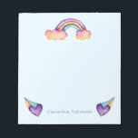 Kinder regenboogWaterverf | Naam toevoegen Notitieblok<br><div class="desc">Dit is een waterverf illustratie van een regenboog die uit de wolken en het hart komt. Je kunt jouw naam laten afdrukken op de onderkant van dit product. De tekst kan worden bewerkt. Geweldig gepersonaliseerd briefpapier voor kinderen om op school te gebruiken!</div>