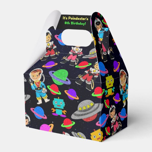 Kinder retro astronauten en robots gepersonaliseer bedankdoosjes (Achterkant)