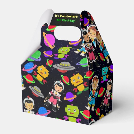 Kinder retro astronauten en robots gepersonaliseer bedankdoosjes (Voorkant Zijde)