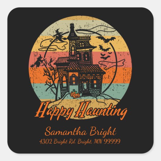 Kinder Retro Halloween Happy Haunting Haunting Hou Vierkante Sticker (Voorkant)