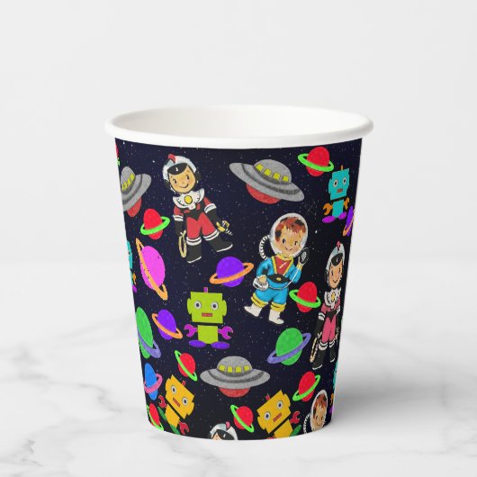 Kinder Retro Robots en Astronauten Papieren Bekers (Achterkant)