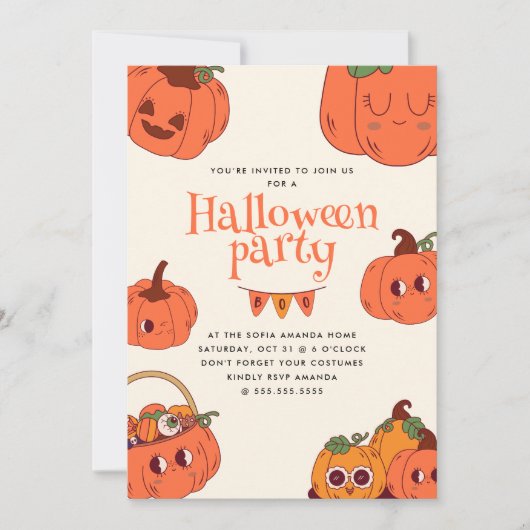 Kinder Retro Schattigee Pompoen Halloween Party Kaart (Voorkant)