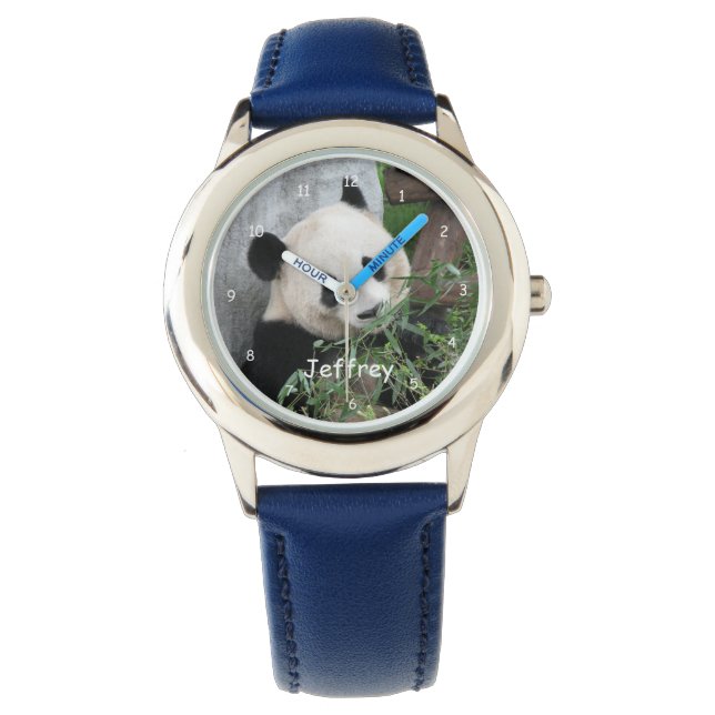 Kinder reus panda blauw bandje naam pols horloge (Voorkant)