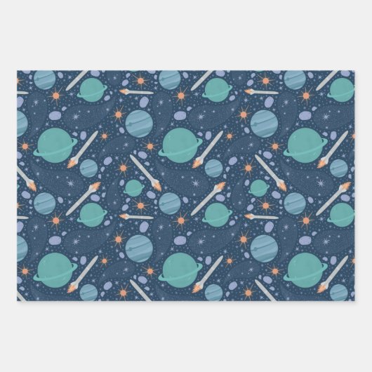 Kinder Rocket Ship Jupiter Saturn Planet Stars Inpakpapier Vel (Voorkant 2)