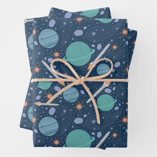 Kinder Rocket Ship Jupiter Saturn Planet Stars Inpakpapier Vel (In situ)