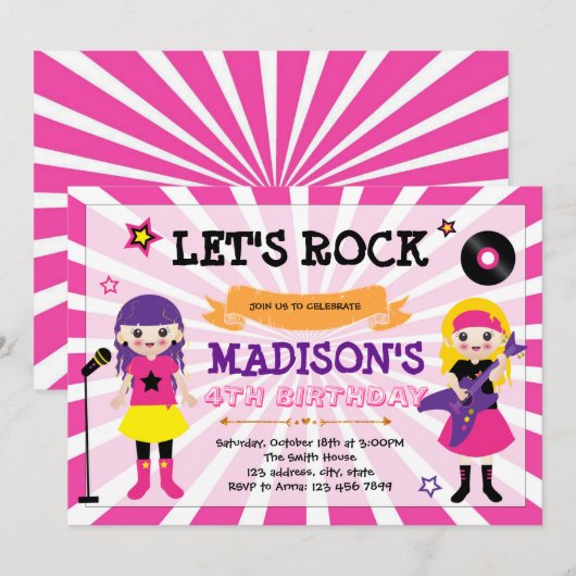 Kinder rockparty-uitnodiging kaart (Voorkant / Achterkant)