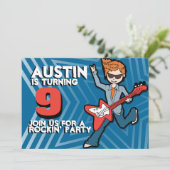 Kinder rockstar boy 9e verjaardag blauw uitnodigin kaart (Staand voorkant)