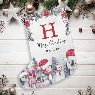 Kinder Rode Pinguïn Monogram Naam Kleine Kerstsok