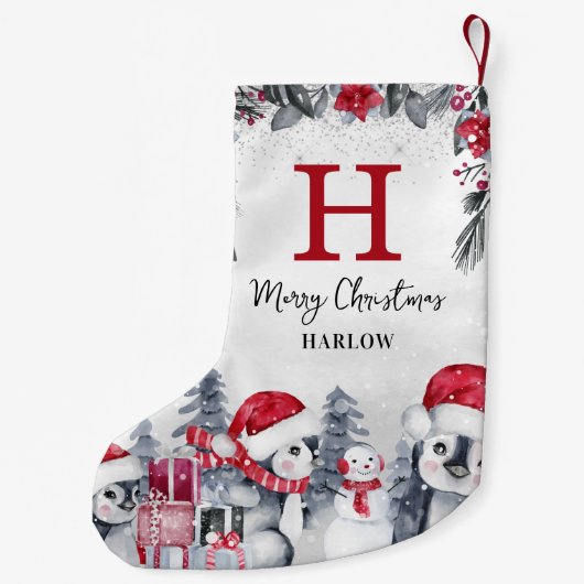 Kinder Rode Pinguïn Monogram Naam Kleine Kerstsok (Achterkant)