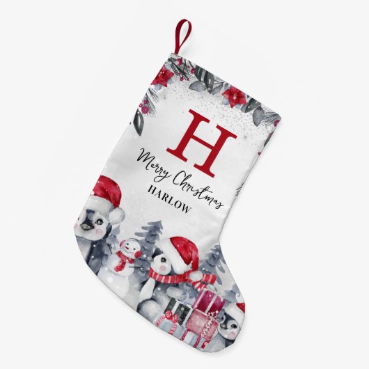 Kinder Rode Pinguïn Monogram Naam Kleine Kerstsok (Voorkant (Hangend))