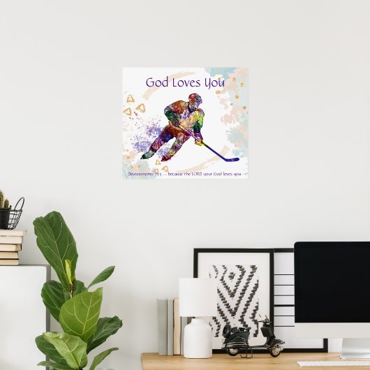 Kinder Room Scripting God houdt van u Hockey Playe Poster (Thuiskantoor)