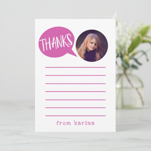 Kinder roze bedankkaart met aangepaste foto (Staand voorkant)