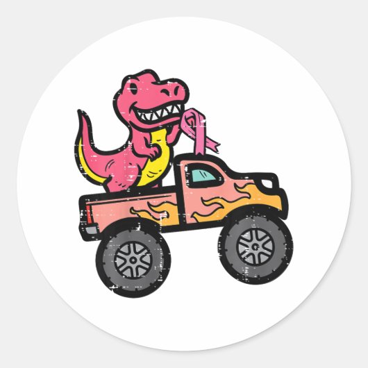 Kinder Roze Dino Monster Truck Borstkanker Awarene Ronde Sticker (Voorkant)