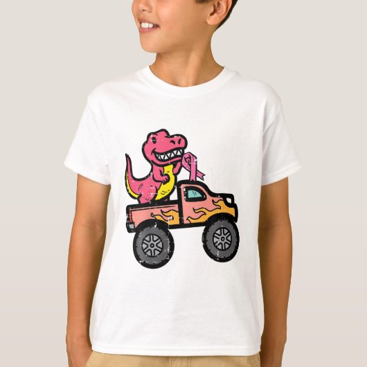 Kinder Roze Dino Monster Truck Borstkanker Awarene T-shirt (Voorkant)