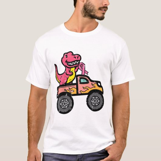 Kinder Roze Dino Monster Truck Borstkanker Awarene T-shirt (Voorkant)
