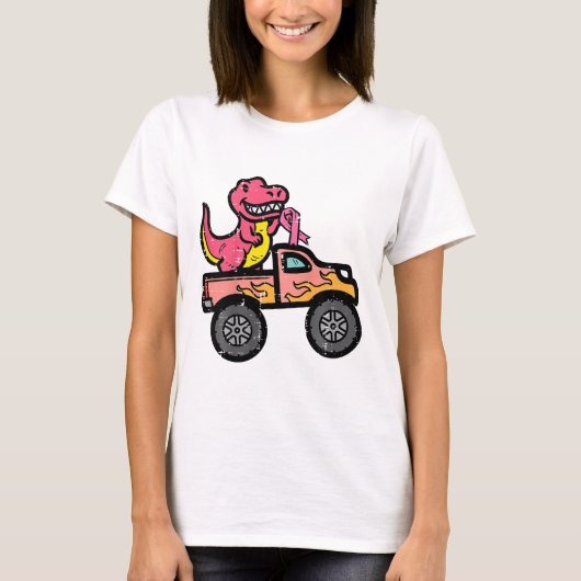 Kinder Roze Dino Monster Truck Borstkanker Awarene T-shirt (Voorkant)