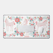 Kinder Roze Eenhoorn en Bloemen met Aangepaste Naa Bureaumat (Keyboard & Muis)