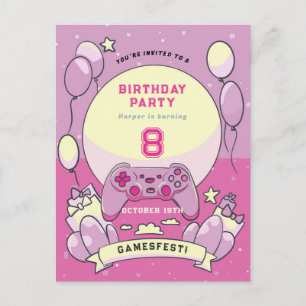 Kinder roze gamesfest verjaardagsuitnodiging briefkaart