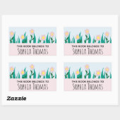 Kinder roze Girly Flowers & Name Bookplate Rechthoekige Sticker (Vel)