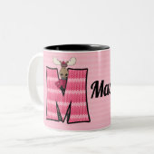 Kinder roze monogram letter M en naam Tweekleurige Koffiemok (Voorkant links)