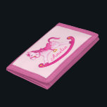 Kinder roze paard voegt jouw naam toe drievoud portemonnee<br><div class="desc">Paardse paardenportemonnee voor kinderen passen aan de jouw naam aan. Dit voorbeeld leest Amelia. Een kleine portemonnee of handtas voor jonge paardenliefhebbers en kinderen die houden van schommelende paarden en kleine pony's. Enkel geschilderd en ontworpen door Sarah Trett.</div>