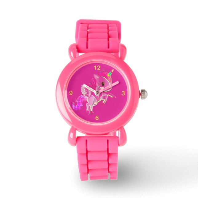 Kinder Roze riem Glitter Cute Winged Unicorn Watch Horloge (Voorkant)