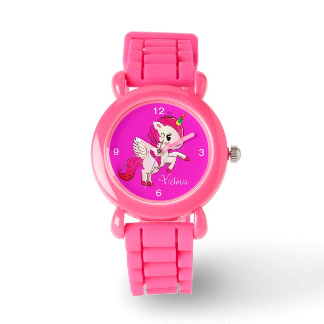 Kinder Roze riem Glitter Cute Winged Unicorn Watch Horloge (Voorkant)