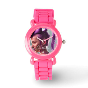Kinder roze riem van Glitter met Paarse haarstaart Horloge