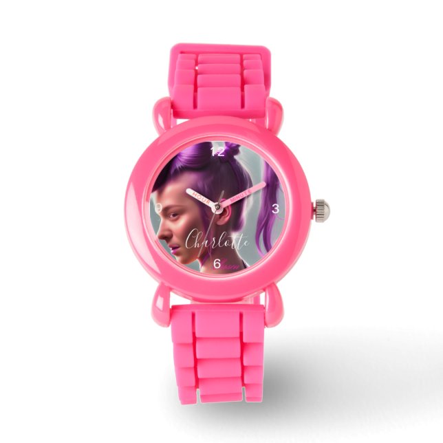Kinder roze riem van Glitter met Paarse haarstaart Horloge (Voorkant)