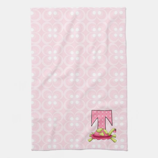 Kinder roze schildpad Monogram letter T Theedoek (Verticaal)