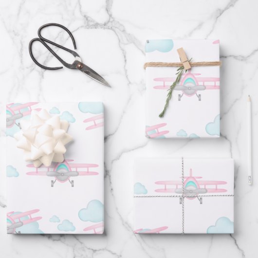 Kinder Roze Vliegtuig Vliegende Luchtvaart Verjaar Inpakpapier Vel (Voorkant)