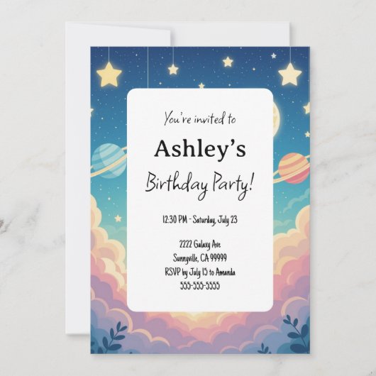 Kinder ruimte thema verjaardag partij kaart (Voorkant)