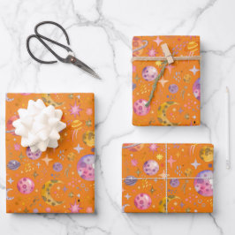 Kinder ruimteplaneet oranje kleur cadeau inpakpapier vel