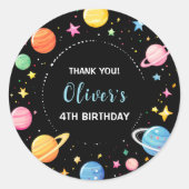 Kinder Ruimteplaneten en Sterren Verjaardag Dank U Ronde Sticker (Voorkant)