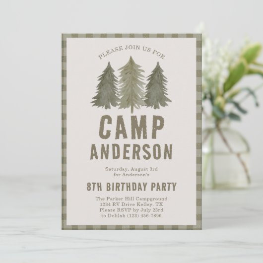 Kinder rustieke bos camping jongen verjaardagsfees kaart (Staand voorkant)