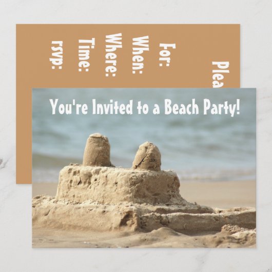 Kinder Sandcastle Beach Party Uitnodiging (Voorkant / Achterkant)
