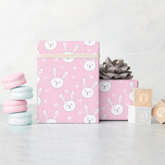 Kinder Schattige Bunny Rabbit Paasroze harten Cadeaupapier (Baby Shower)