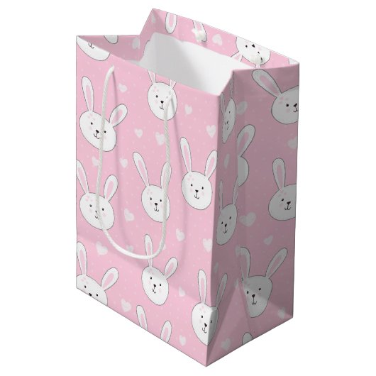 Kinder Schattige Bunny Rabbit Paasroze harten Medium Cadeauzakje (Voorkant Gekanteld)
