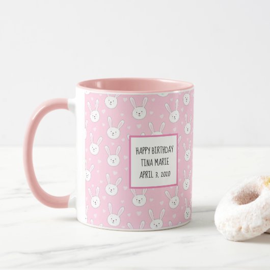 Kinder Schattige Bunny Rabbit Paasroze harten Mok (Met donut)