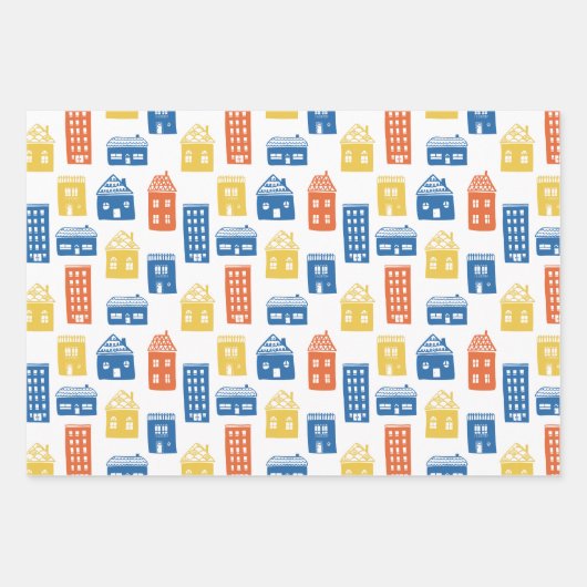 Kinder schattige hoofdstraat kleine stadshuizen ap inpakpapier vel (Voorkant 3)