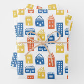 Kinder schattige hoofdstraat kleine stadshuizen ap inpakpapier vel (In situ)