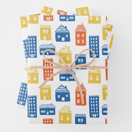 Kinder schattige hoofdstraat kleine stadshuizen ap inpakpapier vel (In situ)