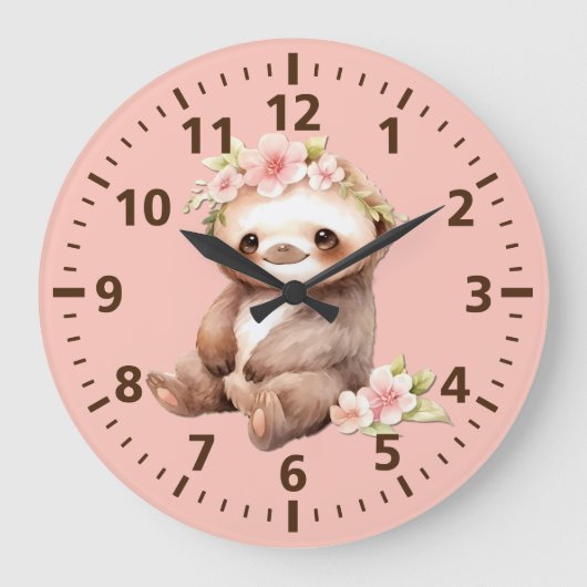 Kinder schattige luiaard met bloemetjes roze bruin grote klok (Voorkant)