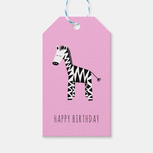 Kinder schattige roze zebra Happy Birthday Cadeaulabel (Voorkant)