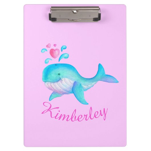 Kinder schattige walvis kunst roze benoemd klembor klembord (Voorkant)