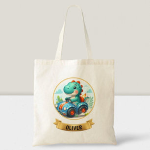 Kinder Schattigee Dino Rijden een Race Car Tote Bag