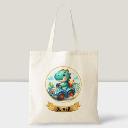 Kinder Schattigee Dino Rijden een Race Car Tote Bag