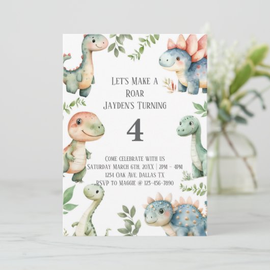 Kinder Schattigee dinosaurus thema verjaardagsfees Kaart (Staand voorkant)