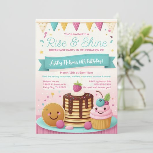 Kinder Schattigee Rise and Shine Ontbijt Verjaarda Kaart (Staand voorkant)